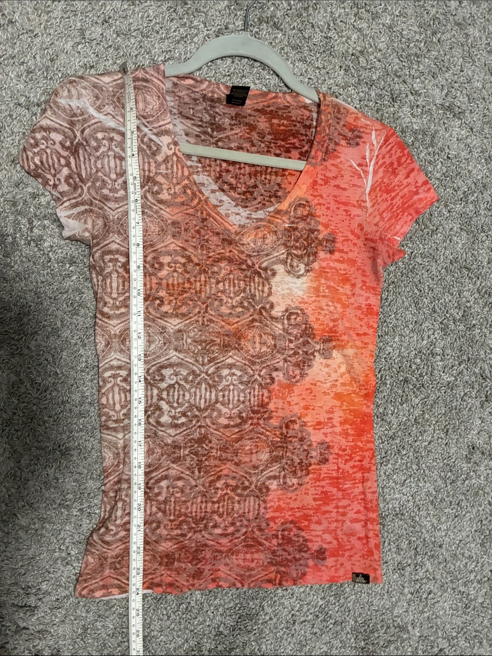 Prana Orange and Brown Boho Patterned V-Neck Short Sleeve Tee - Picture 6 of 7